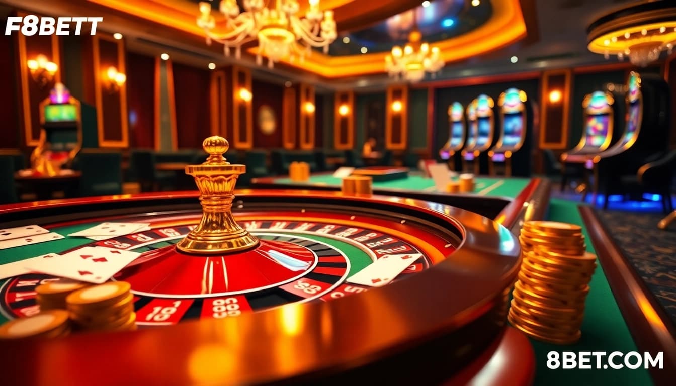 Experience thrilling online gambling at F8BETCOM with vibrant casino tables and exciting betting visuals.