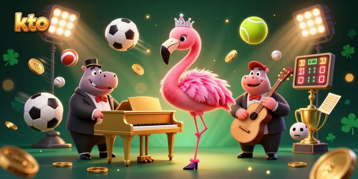 Experience the excitement of kto with a lively casino scene featuring colorful characters and dynamic sports elements.