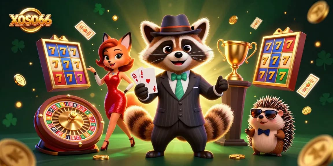 XOSO66 features a suave raccoon with a royal flush, vibrant scene packed with dynamic slots and golden casino elements.