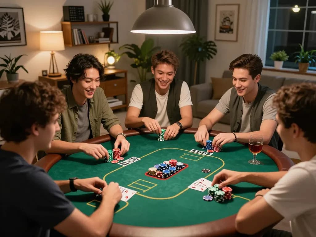 Friends playing poker at home, showcasing the lively atmosphere of open88 gaming community.