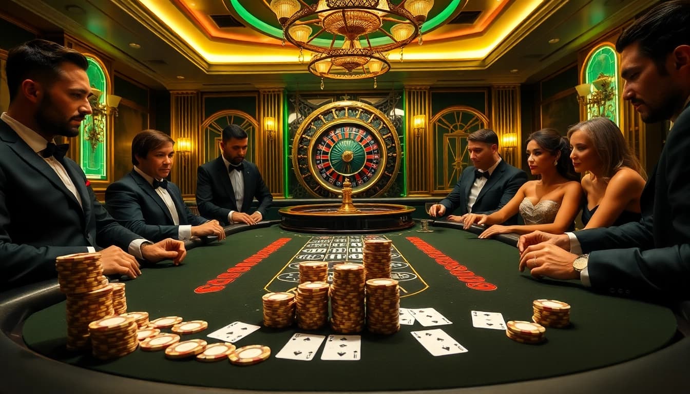 Bong88 poker players strategizing at a high-stakes table in a lavish casino environment.