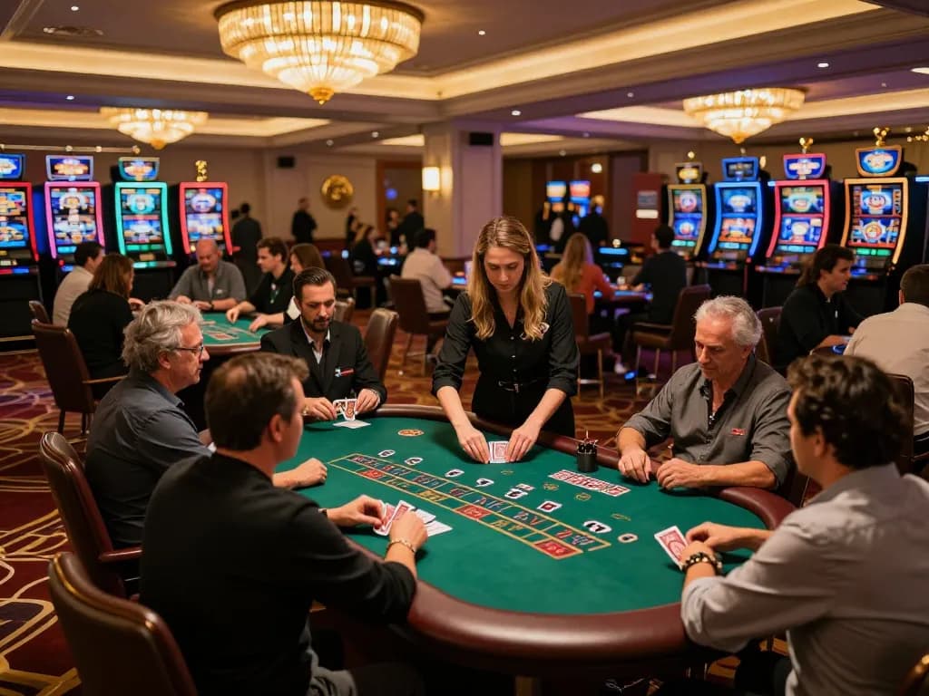 Players enjoy the thrilling gameplay at BERLIAN889 Alternatif in a luxury casino setting with dynamic blackjack action.