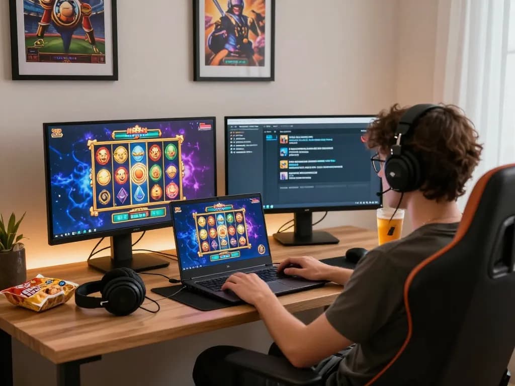 Player enjoying an exhilarating kdslot experience on a laptop with vibrant game graphics and cozy workspace elements.