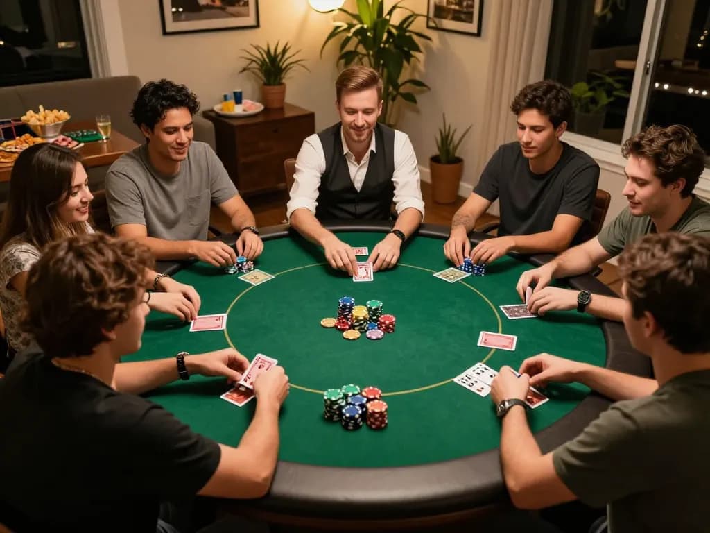 Engaged friends enjoying a friendly poker game at home, with the keyword 주소모음 emphasized in a lively atmosphere.