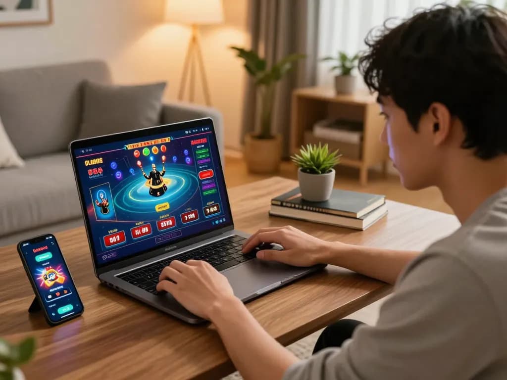 Engaging in online gaming with bk8, showing a player focused on casino app in a cozy home setting