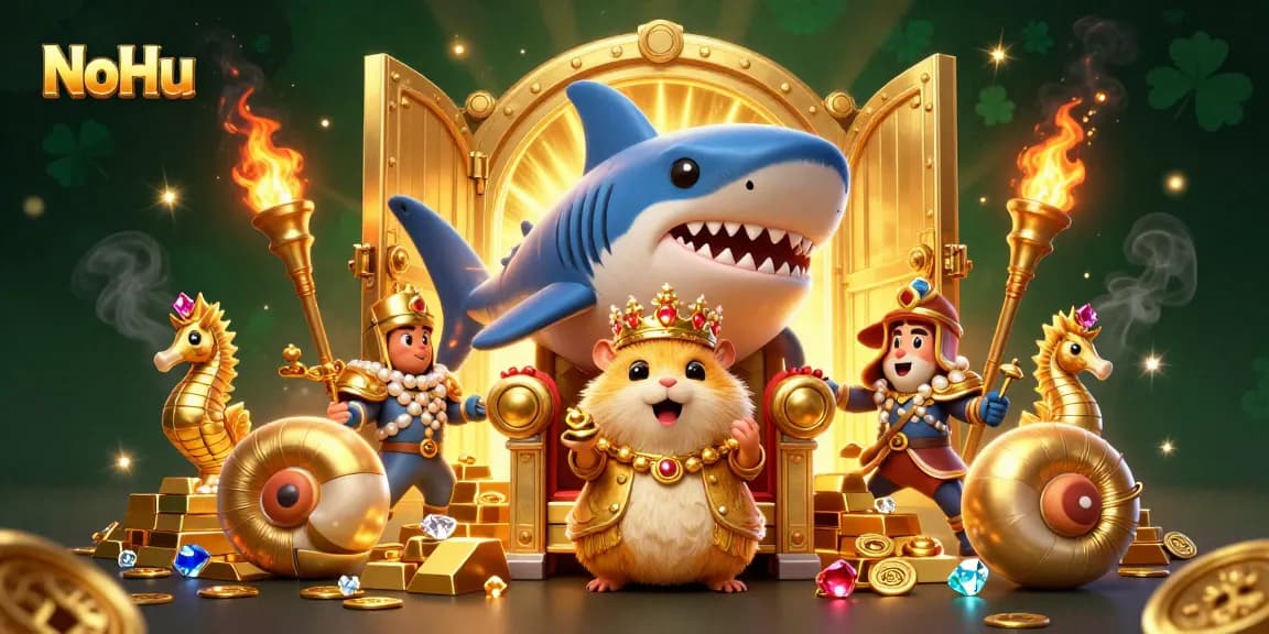 Experience the thrill of NoHu slot games with lavish treasures and vibrant characters in a dynamic casino scene.