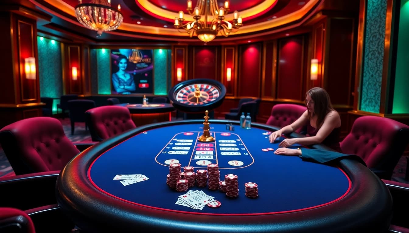 C168 casino gaming scene with poker players and a roulette wheel, showcasing luxury and excitement.