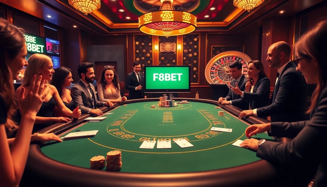 Experience the thrill of F8BET with excited players at a luxurious casino table.