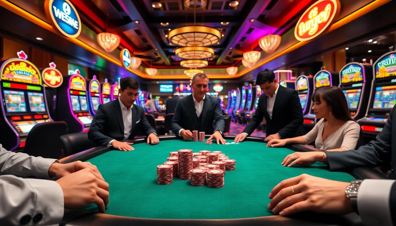 Experience the thrill of asupanjitu at a luxurious casino table with vibrant slot machines.