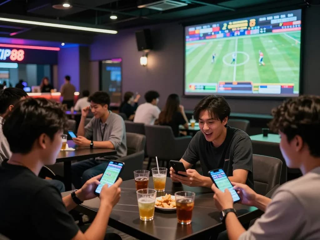 Fans enthusiastically placing bets on sports events at TIP88 lounge, vibrant atmosphere.