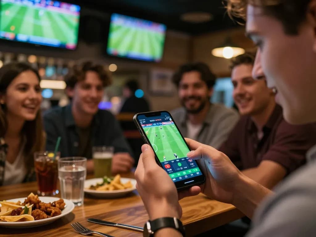 Placing bets on tỷ lệ kèo for live football matches in an energetic sports bar