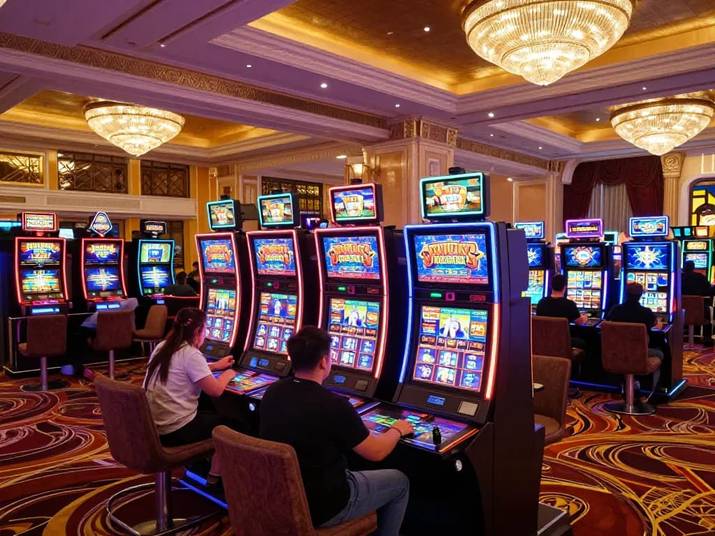 Sky88 players enjoying a vibrant casino floor surrounded by colorful slot machines and elegant decor.