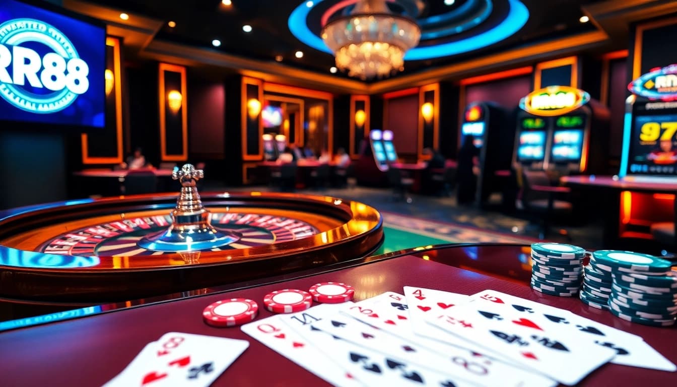 Engaging players at the RR88 casino table with vibrant chips and cards.