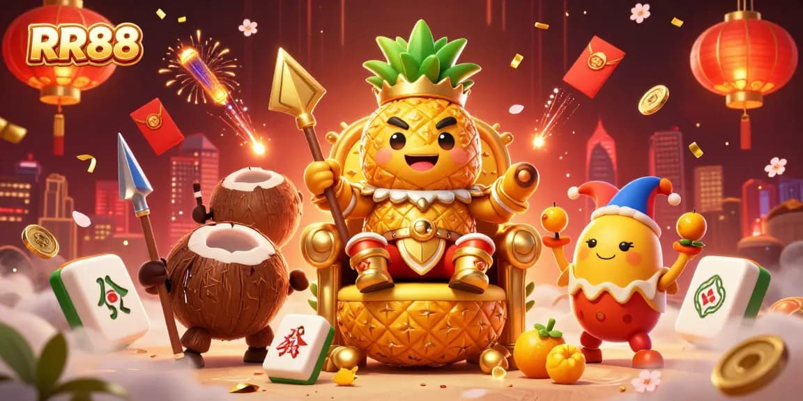 Experience fun gaming at RR88 with a vibrant beach casino scene featuring a pineapple king and a jester.