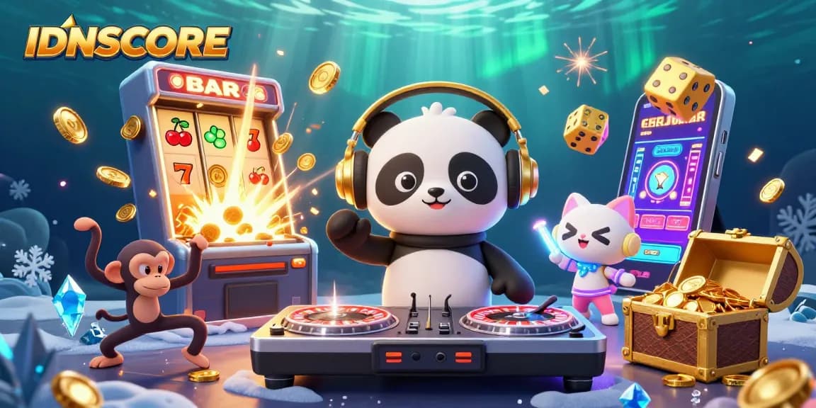 Experience the excitement at IDNSCORE with a vibrant 3D casino scene featuring lively characters and thrilling gaming elements.