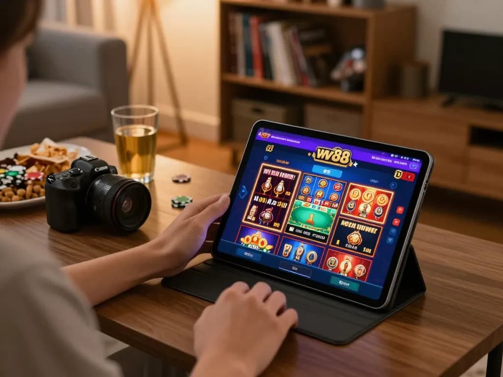 Engaging with the ww88 online casino platform at home, tablet in hand displaying vibrant games