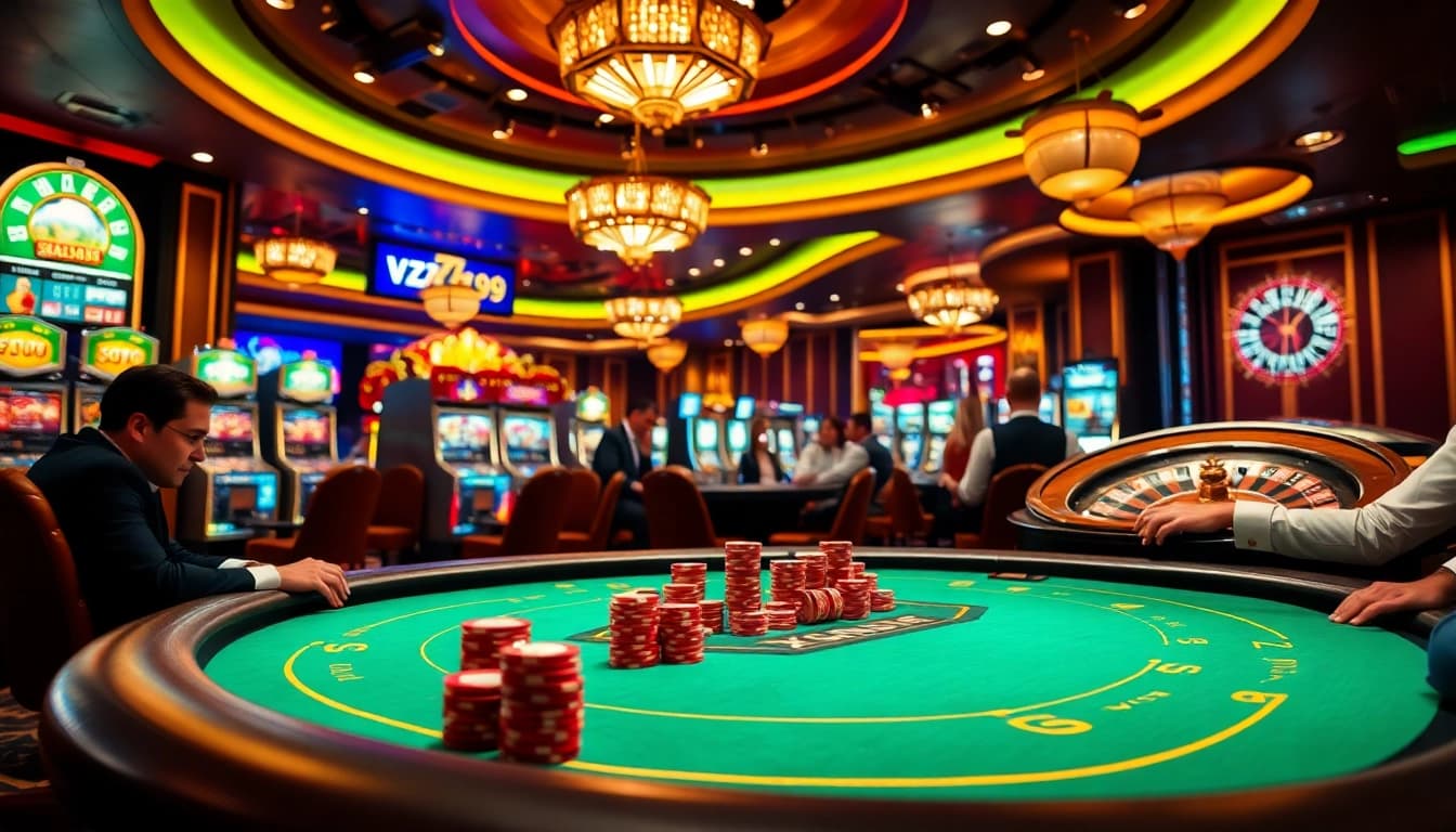 Exciting casino scene featuring vz99 poker game with vibrant tables and chips.