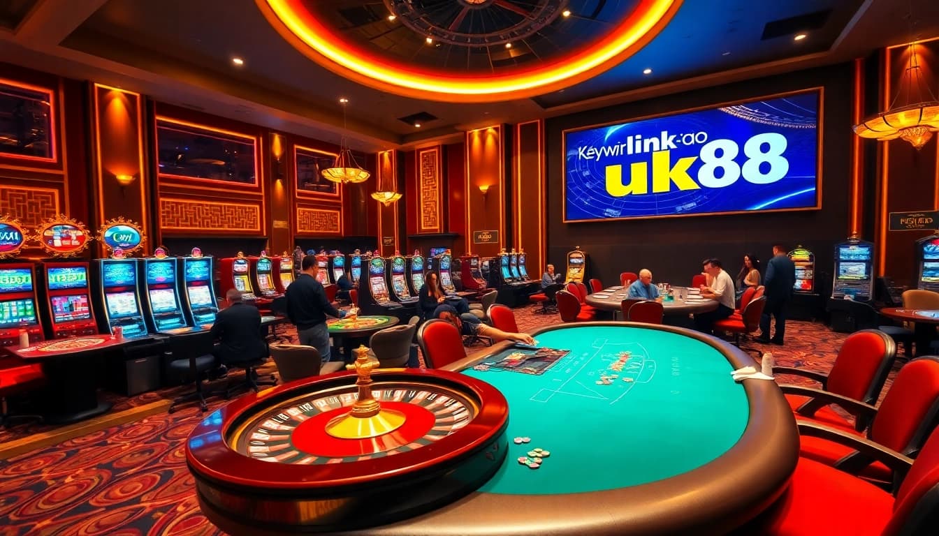 Placing bets at UK88 casino tables, featuring link vào uk88 in a vibrant gaming scene.