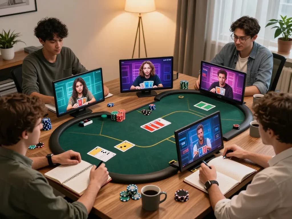 KJC online poker game featuring engaged players using laptops in a cozy home setting