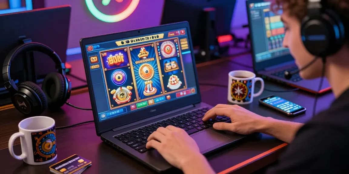 Excited player engaging with credit card casinos on a laptop, surrounded by vibrant gaming accessories and lively atmosphere.