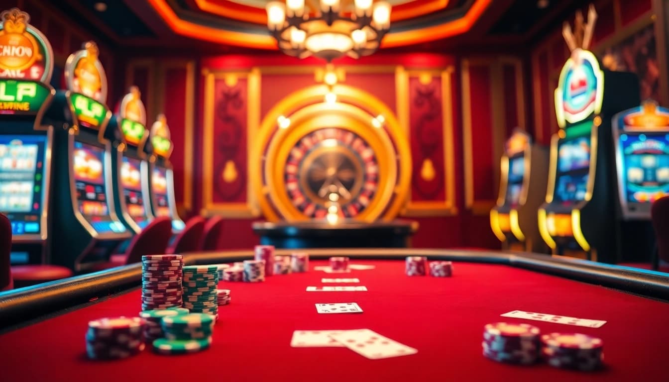 C168 casino scene with vibrant poker table, roulette wheel, and glowing slot machines