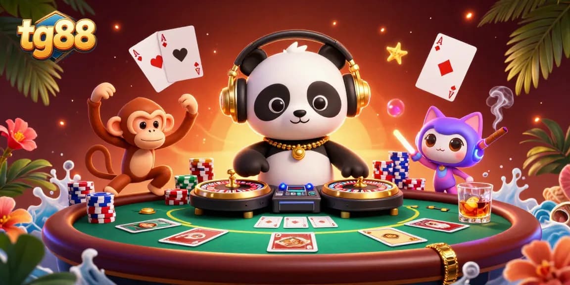 Engage with tg88's thrilling casino scene featuring vibrant characters, poker chips, and roulette elements.