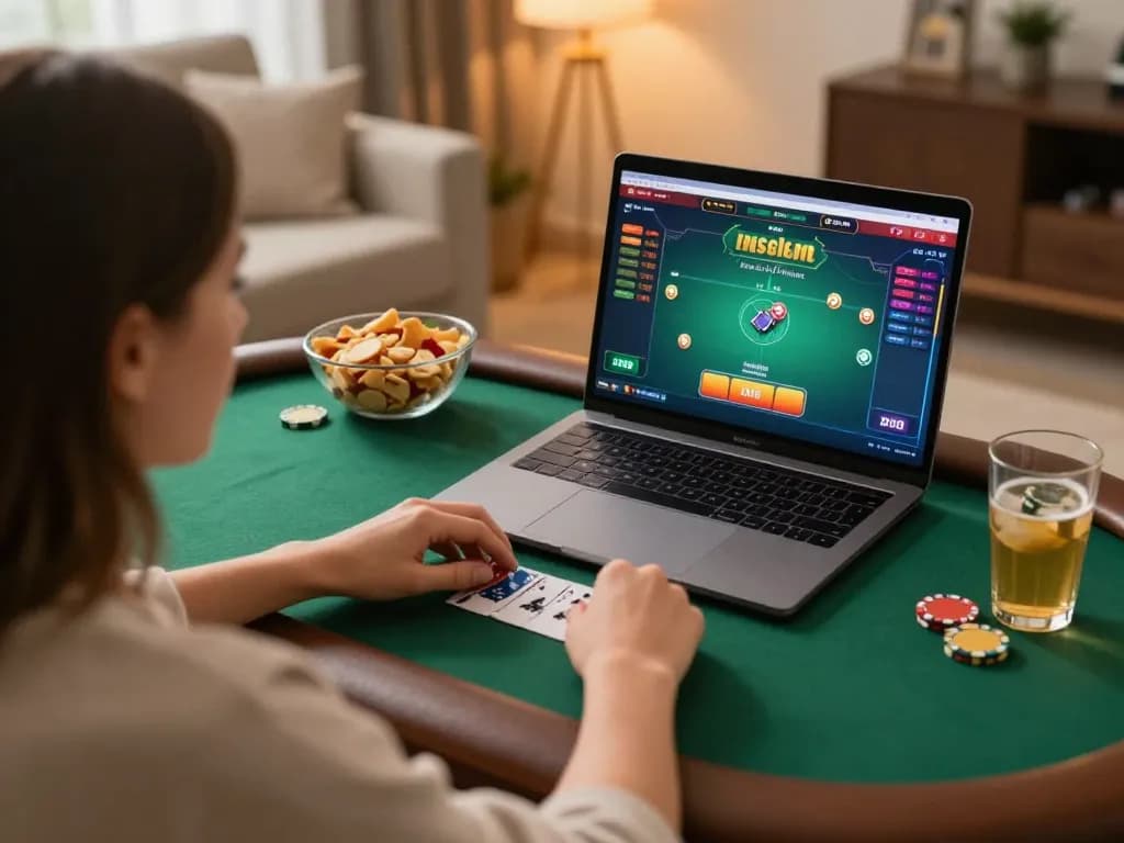 SUNWIN player strategizing online poker game at cozy home setup showcasing gameplay tactics.