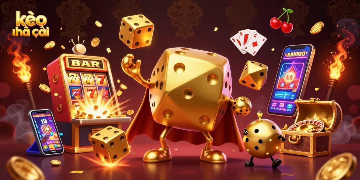 Experience kèo nhà cái dynamics with vibrant characters, coins, and casino elements bursting in an exciting scene.