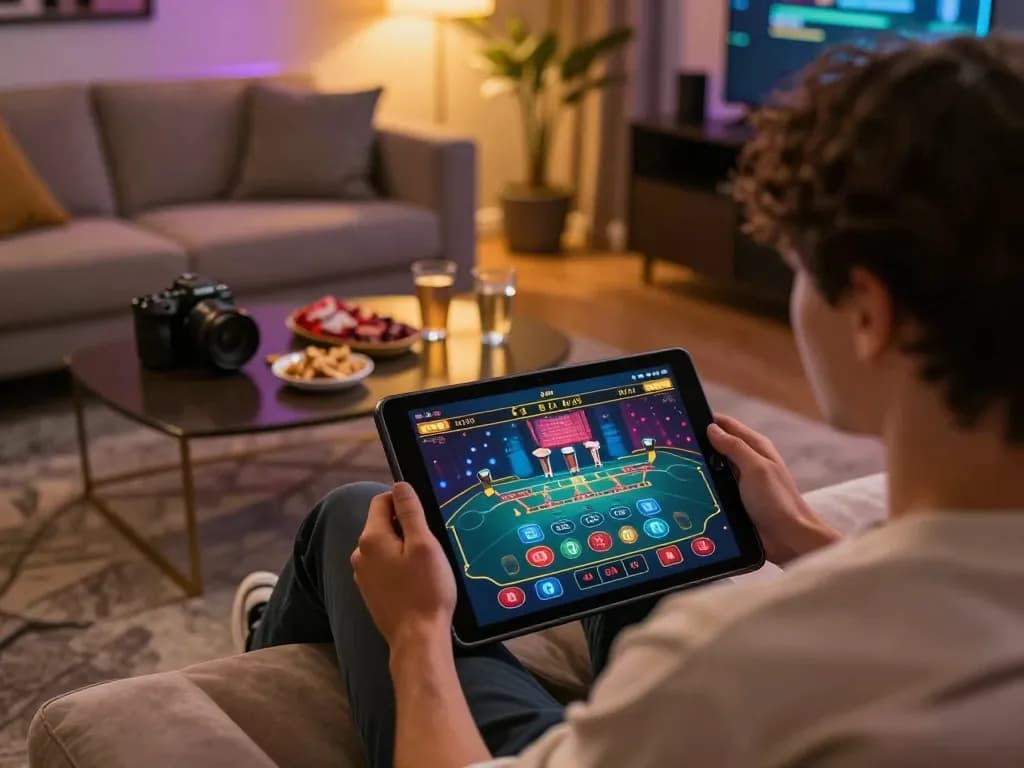 Max88 user enjoying live dealer game on tablet in a cozy living room setting.