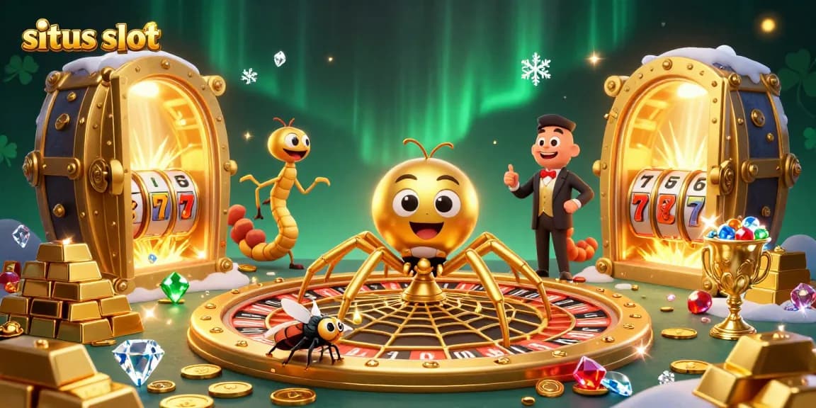 Spin the golden web of situs slot treasures in this vibrant casino illustration with endless winning possibilities.