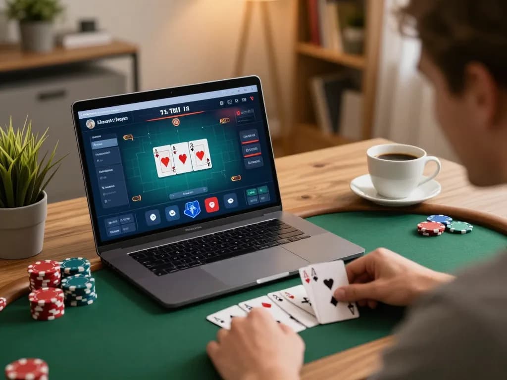 GEMWIN player enjoying a poker game online, showcasing strategic gameplay in a cozy home setting