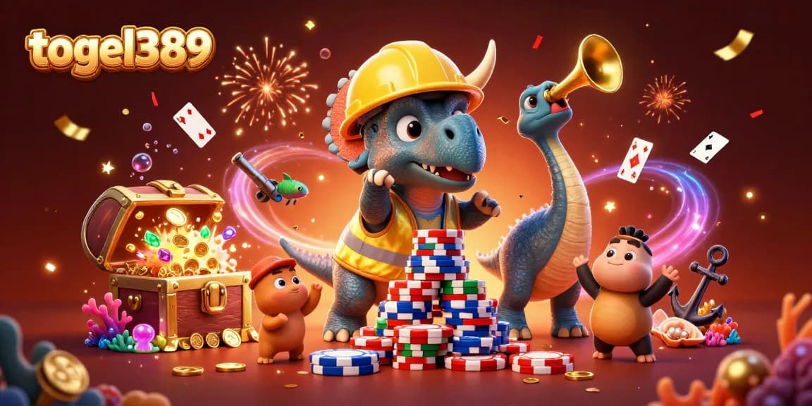 Experience excitement with togel389 as a triceratops and friends celebrate casino wins.