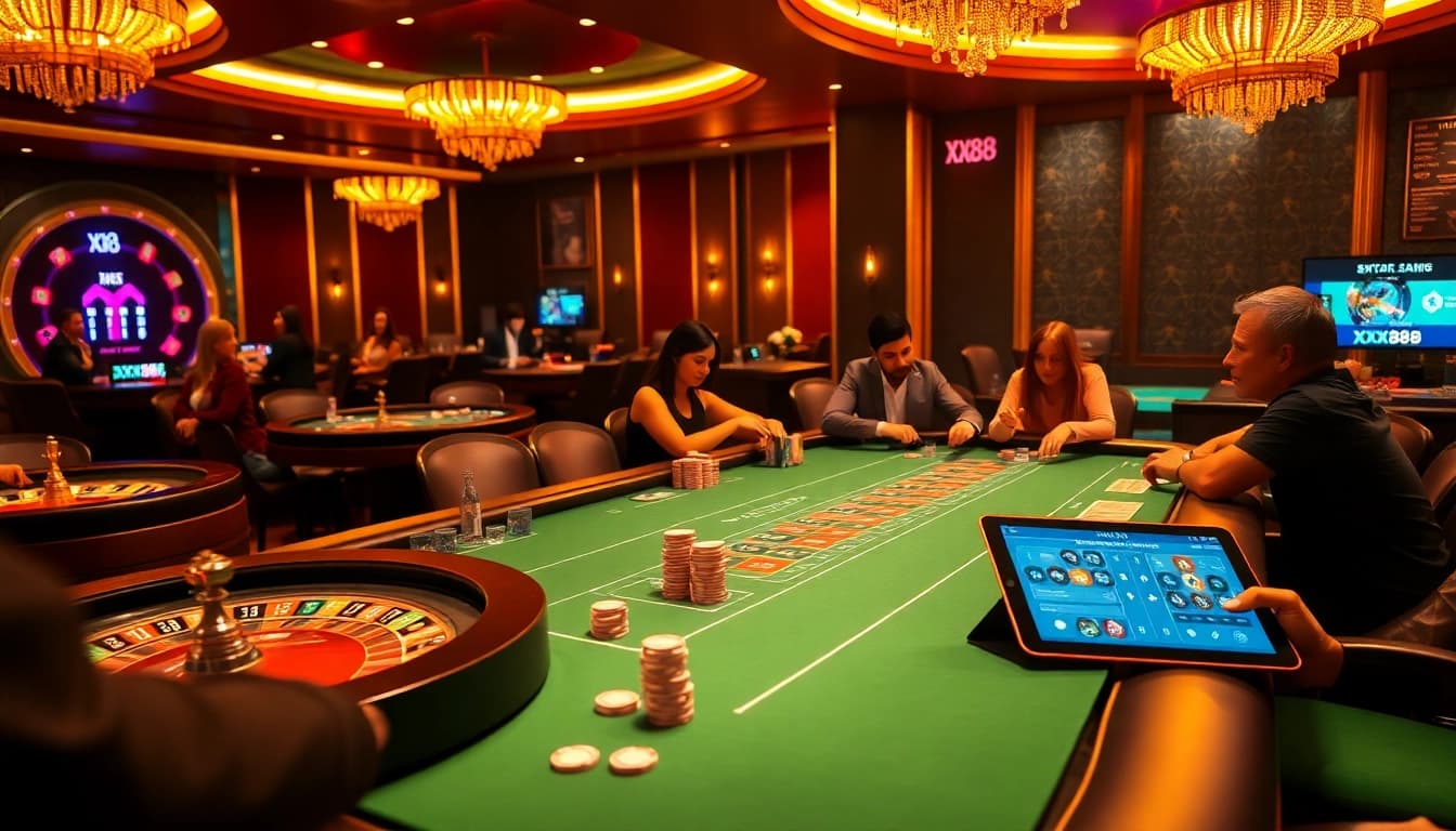 Players enjoying a high-stakes poker game at XX88's luxurious casino tables.