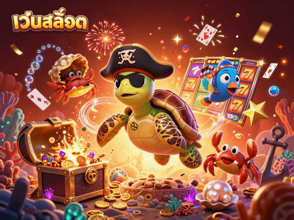 Win big with เว็บสล็อต as a charming turtle, crab, and fish celebrate above treasures.