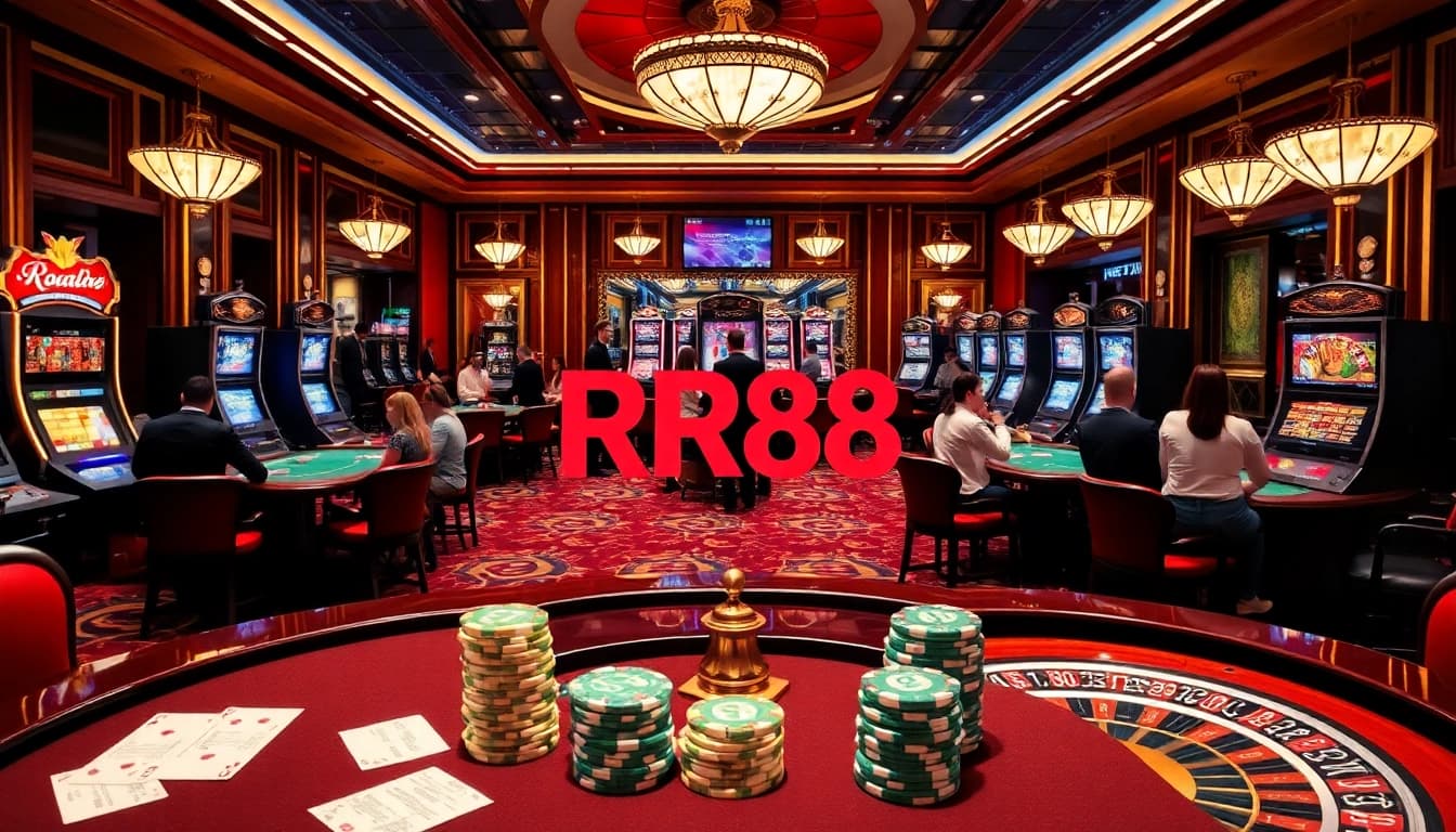 RR88 casino scene with gamblers excitedly placing bets at luxurious tables and slot machines.