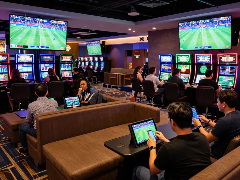 Engaging sports bettors reviewing kèo nhà cái on interactive screens in a lively casino.