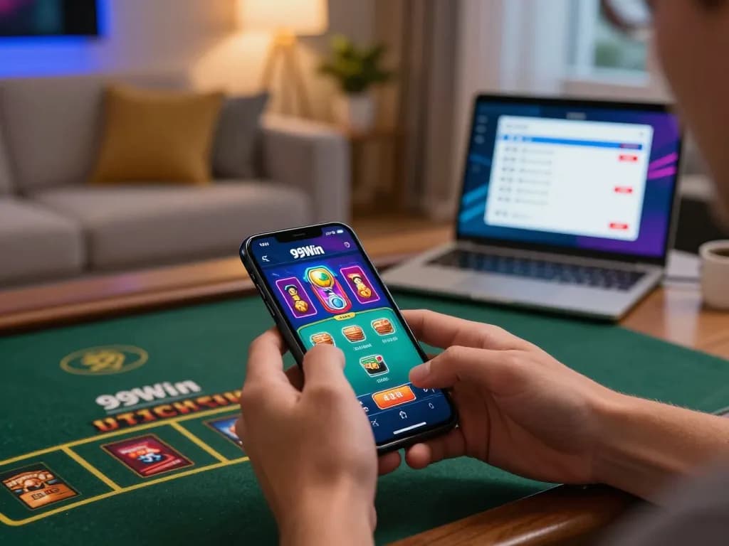 Player using 99Win app to engage in live casino gameplay on smartphone, demonstrating immersive gaming experience