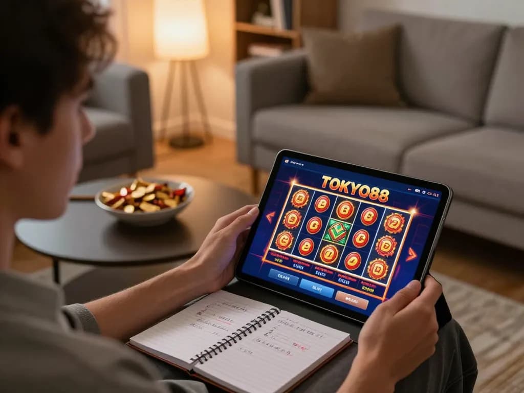 Sesi permainan online yang menarik di aplikasi TOKYO88 dengan slot berwarna-warni di lingkungan rumah yang nyaman.