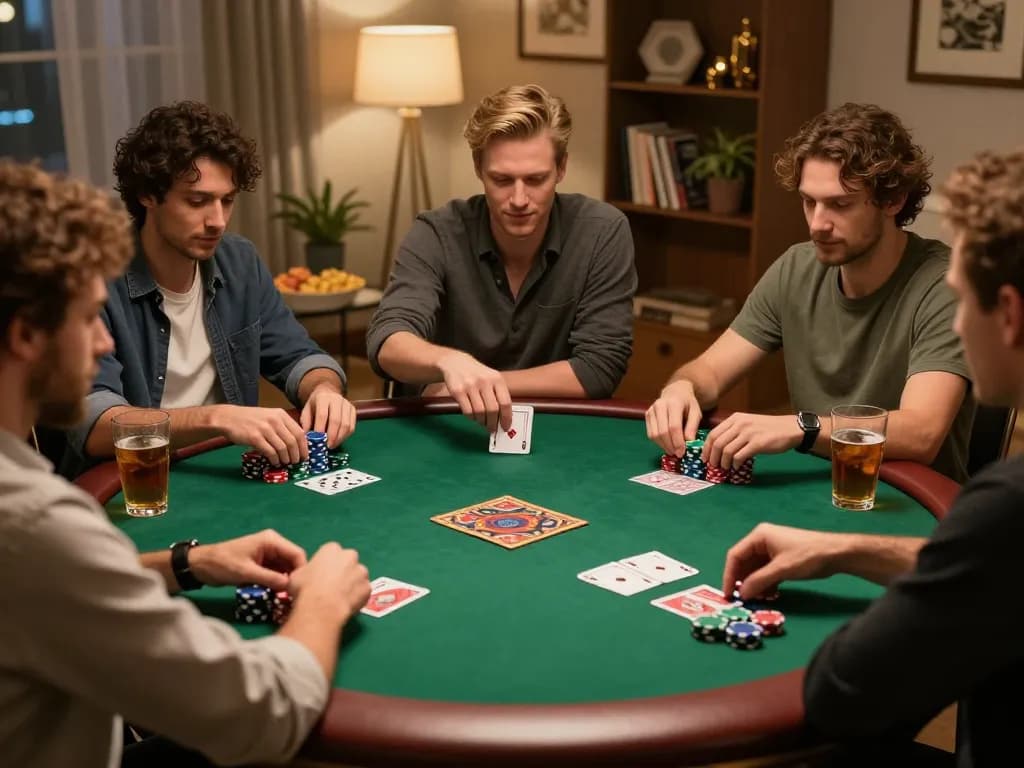 Mega888 players enjoying a vibrant home poker game night with strategic gameplay and colorful chips.