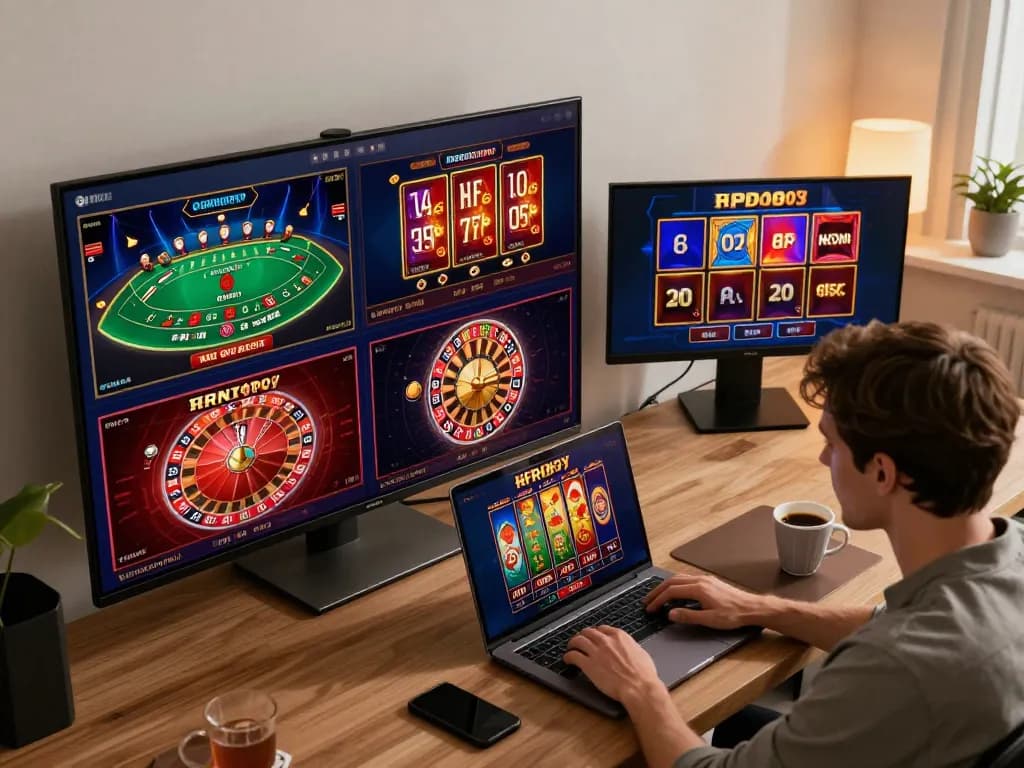 Kuwin player strategizing on an online casino platform with various games visible on the screen.