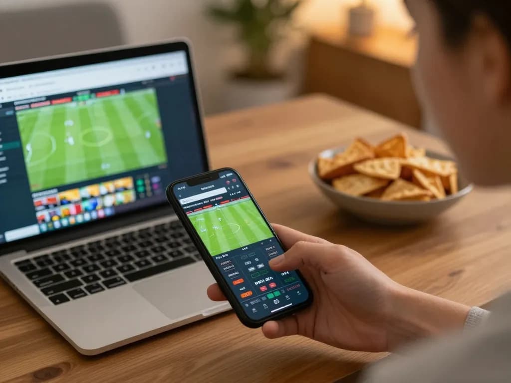 Betting on sports through the AW8 app in a cozy home setup, showing live odds and excitement.