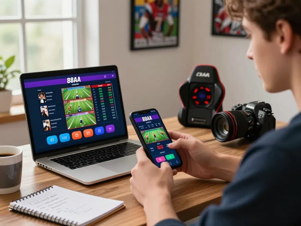 Exciting 88aa bet scene where a user engages in online betting with a mobile device and laptop in a lively home office.