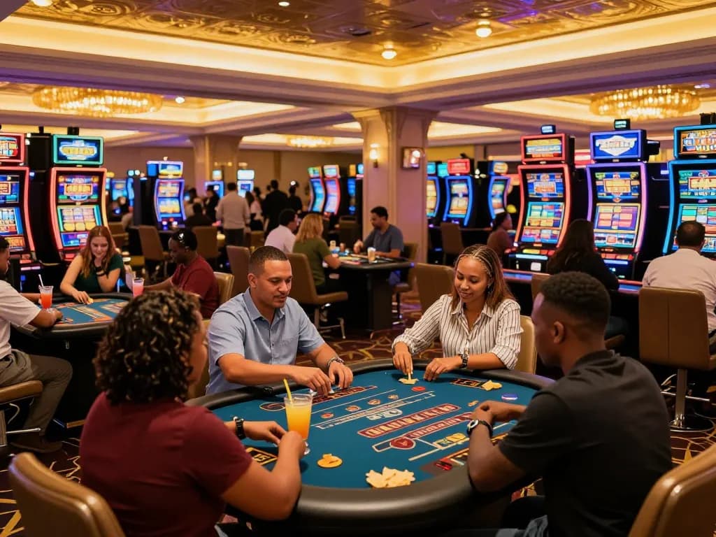 South African casinos highlight players engaging with popular games in a vibrant casino setting, showcasing lively atmosphere and excitement.