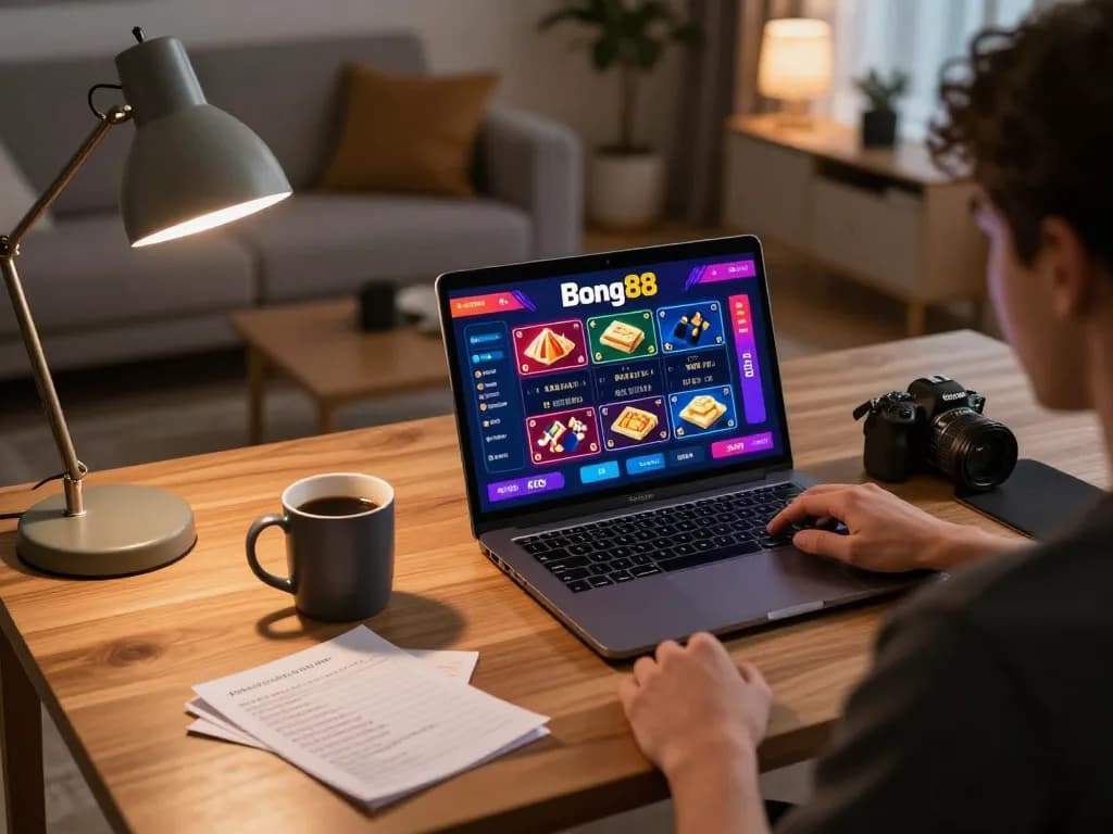 Bong88 online gaming experience with a player using a laptop in a cozy setting