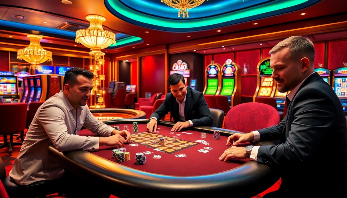 Experience the excitement of betting at K88 with a vibrant casino scene featuring poker, roulette, and slot machines.