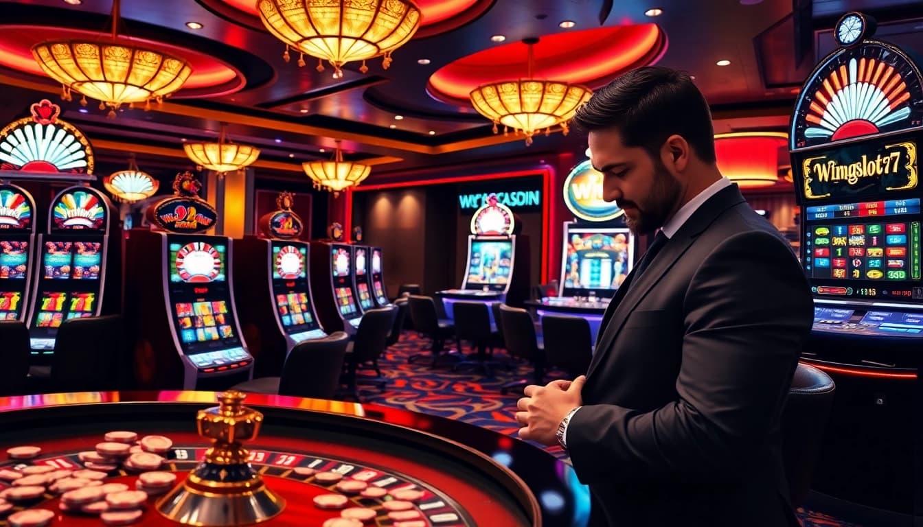 Engage with Wingslots77 Login at a luxurious casino featuring vibrant slot machines and friendly dealers.