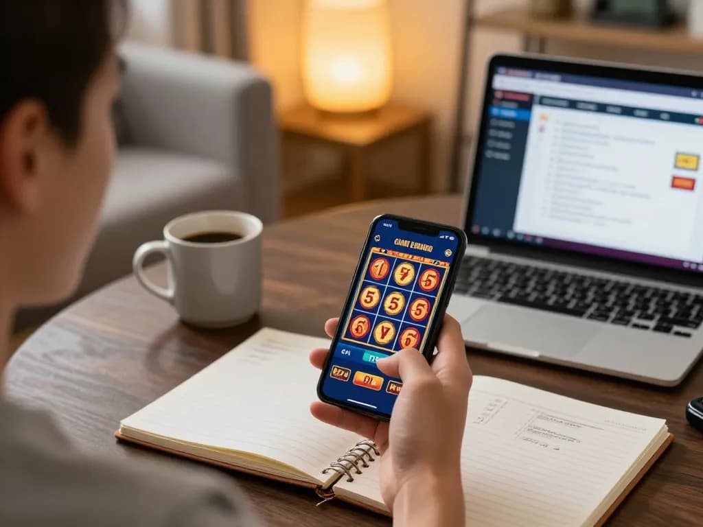 Player engaging in slot 5k mobile gameplay in a cozy home environment, showcasing responsible gaming