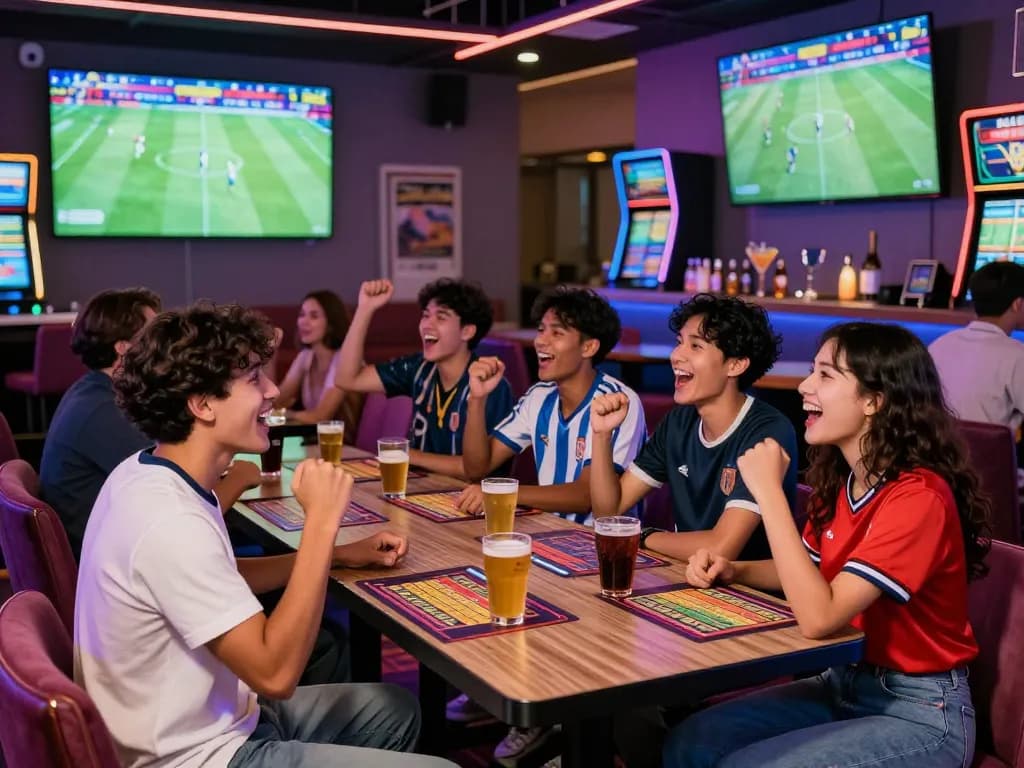 Exciting scene of friends enjoying Judi Bola bets in a lively sports lounge.