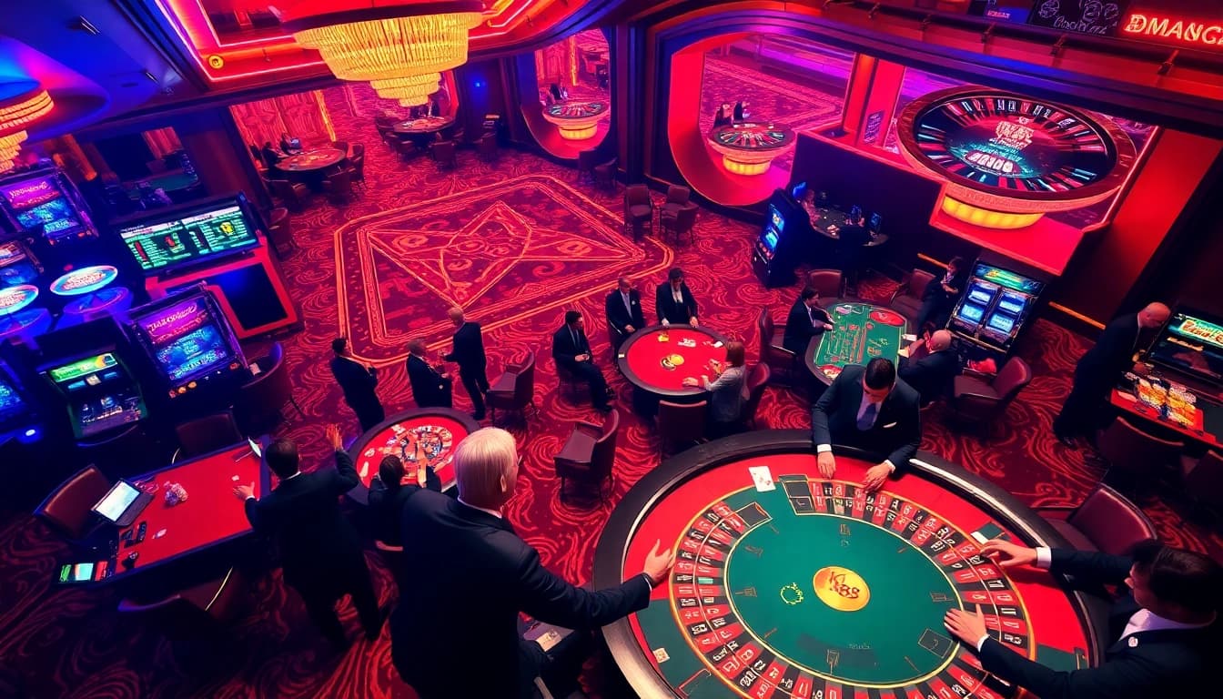 K88 players celebrating wins at a vibrant casino, showcasing excitement and luxury.