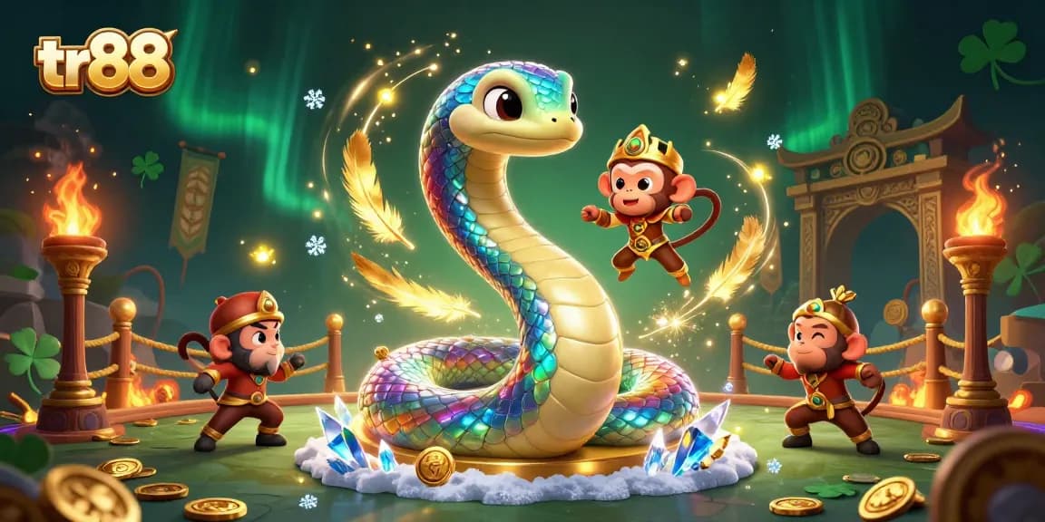 Experience the excitement of tr88 with a vibrant 3D casino illustration featuring unique characters and dynamic game elements.